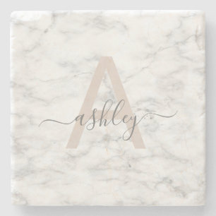 Chic Blush Pink White Marble Script Name Monogram ストーンコースター