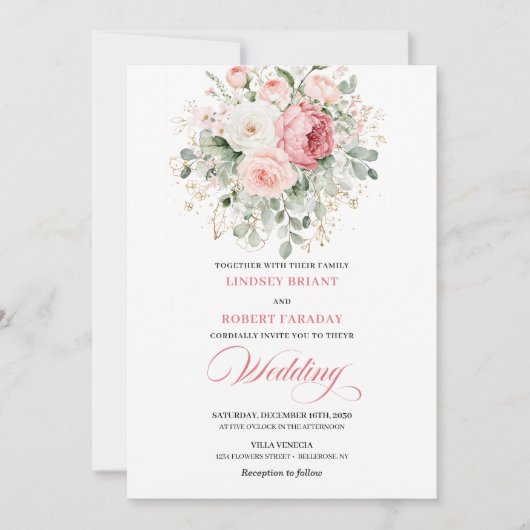 Chic Blush Rose Gold Floral Wedding Invitation 招待状 (正面)