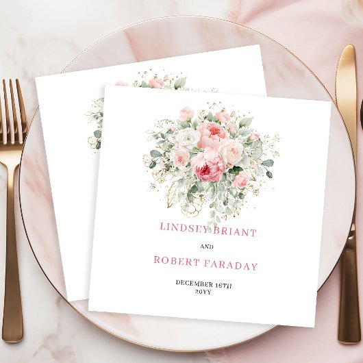 Chic Blush Rose Greenery Wedding Cocktail Napkins スタンダードカクテルナプキン