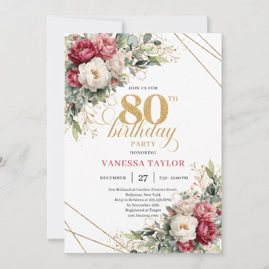 Chic Blush White Greenery 80th Birthday Invite 招待状 (正面)