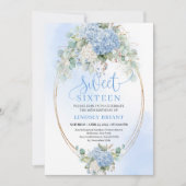 Chic Bohemian Blue Floral Gold Sweet 16 Invite 招待状 (正面)