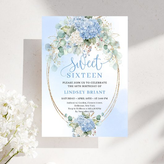 Chic Bohemian Blue Floral Gold Sweet 16 Invite 招待状