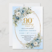 Chic Bohemian Blue Floral Greenery 90th Birthday 招待状 (正面)