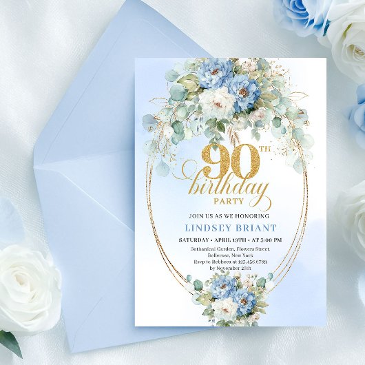 Chic Bohemian Blue Flowers 90th Birthday Invite 招待状