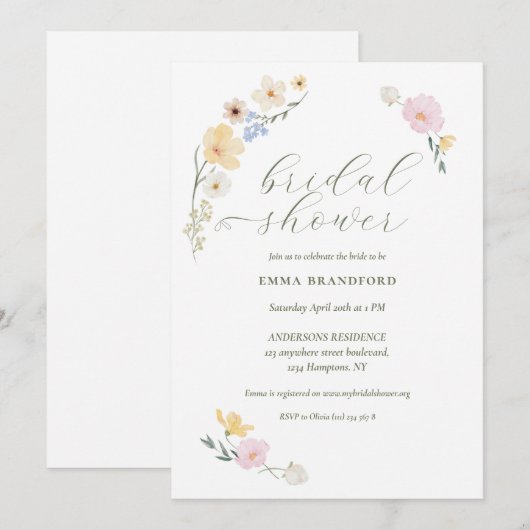 Chic Bohemian Pastel Wildflowers 招待状 (正面/裏面)
