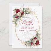 Chic Bohemian Red White Flowers Gold Bridal Shower 招待状 (正面)