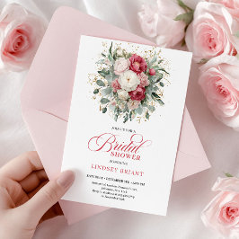 Chic Bohemian Red White Gold Roses Bridal Shower  招待状