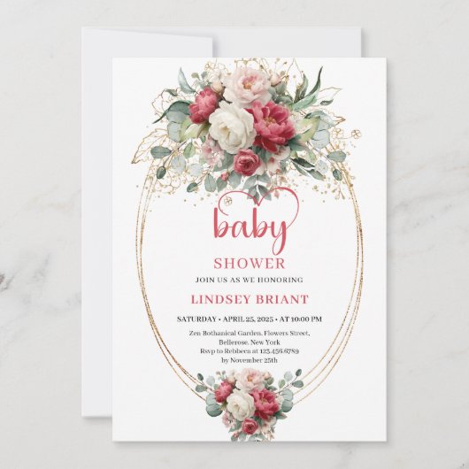 Chic Bohemian Ruby Red White Gold Floral Baby 招待状 (正面)