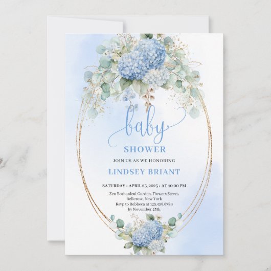 Chic Boho Blue Hydrangeas Baby Shower Invitation 招待状 (正面)
