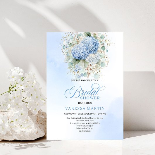 Chic Boho Blue Hydrangeas Bridal Shower Invitation 招待状