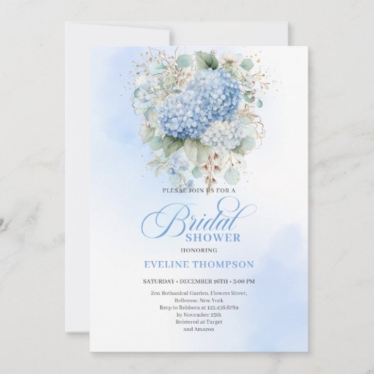 Chic Boho Blue Hydrangeas Bridal Shower Invitation 招待状 (正面)