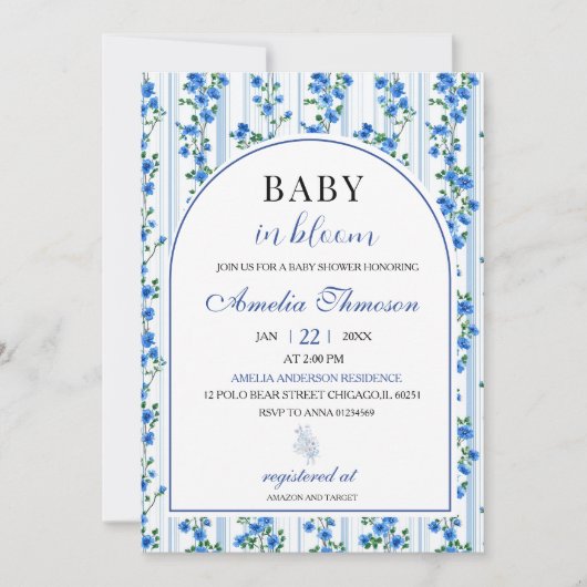Chic Boho Blue Wildflower Boy floral Baby Shower 招待状 (正面)