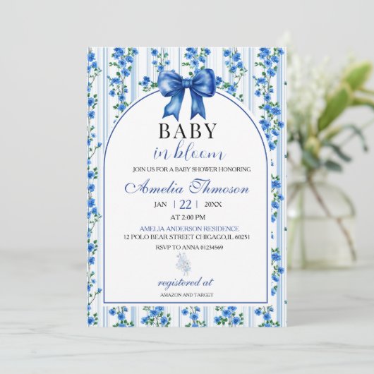 Chic Boho Blue Wildflower Boy floral Baby Shower 招待状 (スタンド正面)
