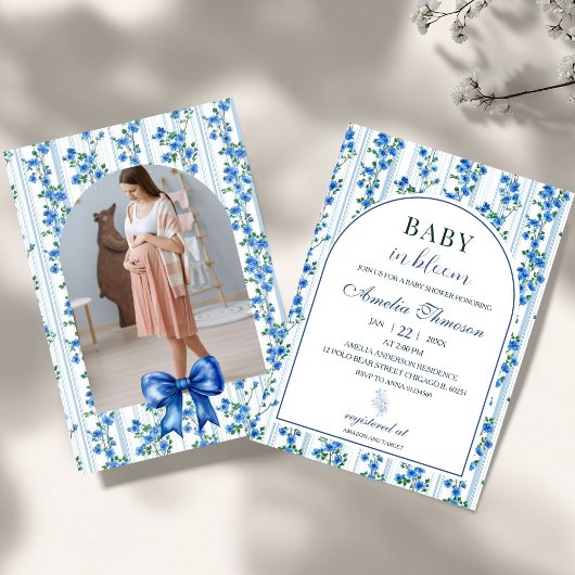 Chic Boho Blue Wildflower Boy floral Baby Shower 招待状