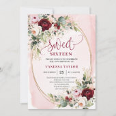 Chic Boho Blush Burgundy Rose Sweet 16 Invitation 招待状 (正面)