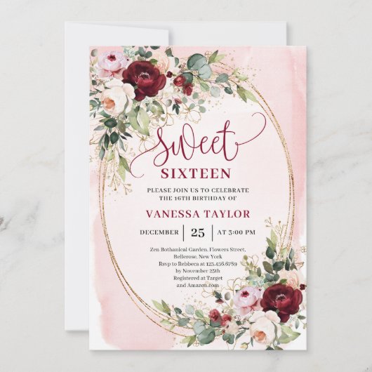 Chic Boho Blush Burgundy Rose Sweet 16 Invitation 招待状 (正面)