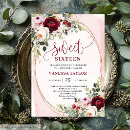 Chic Boho Blush Burgundy Rose Sweet 16 Invitation 招待状