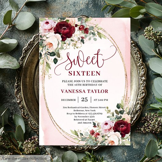 Chic Boho Blush Burgundy Rose Sweet 16 Invitation 招待状
