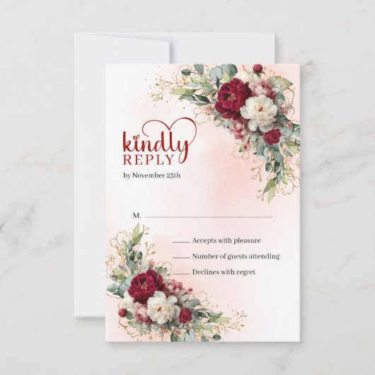 Chic Boho Blush Gold Flowers Wedding RSVP (正面)