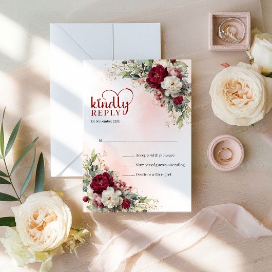 Chic Boho Blush Gold Flowers Wedding RSVP
