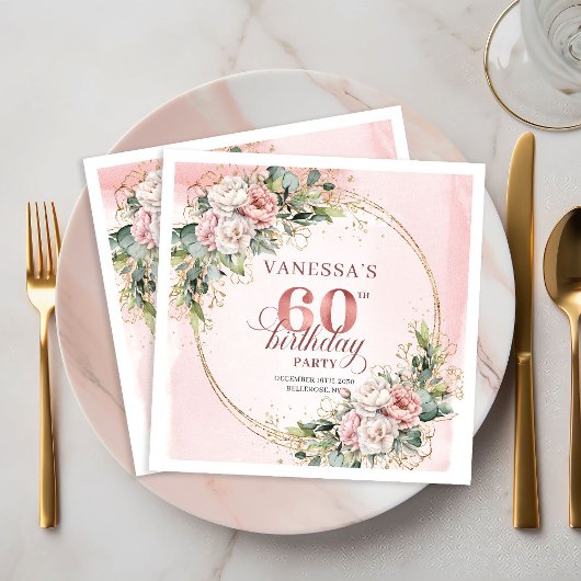 Chic Boho Blush Pink Greenery 60th Birthday Napkin スタンダードカクテルナプキン