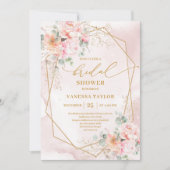 Chic Boho Blush Pink Watercolor Gold Bridal Shower 招待状 (正面)
