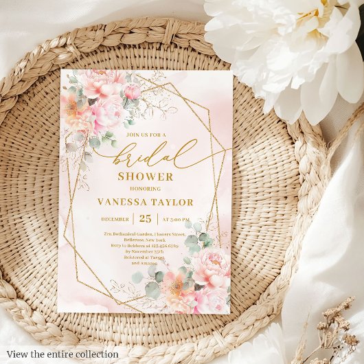 Chic Boho Blush Pink Watercolor Gold Bridal Shower 招待状