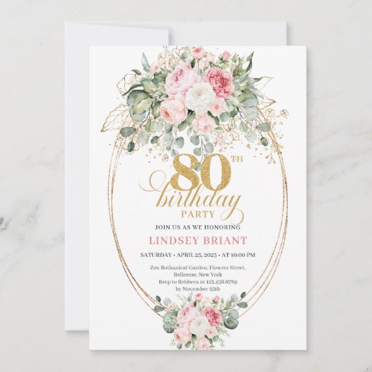 Chic Boho Blush Roses 80th Birthday Invitation   招待状 (正面)