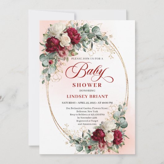 Chic Boho Burgundy and Gold Baby Shower Invite 招待状 (正面)