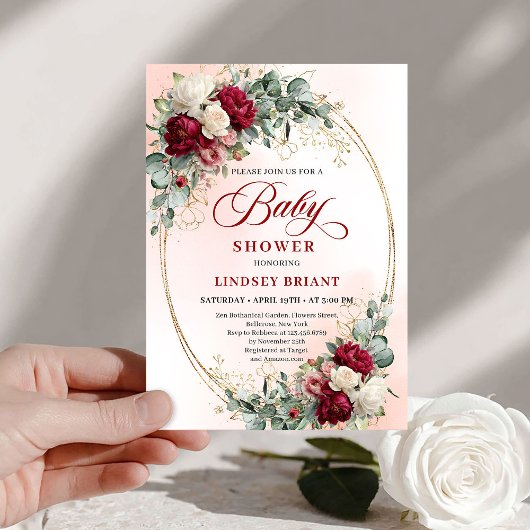 Chic Boho Burgundy and Gold Baby Shower Invite 招待状