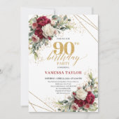 Chic Boho Burgundy Blush Floral Gold 90th Birthday 招待状 (正面)