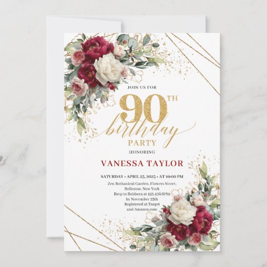 Chic Boho Burgundy Blush Floral Gold 90th Birthday 招待状 (正面)