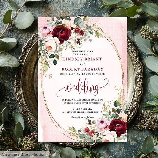 Chic Boho Burgundy Blush Gold Floral Invitation 招待状
