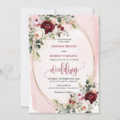 Chic Boho Burgundy Blush Gold Floral Invitation 招待状 (正面)