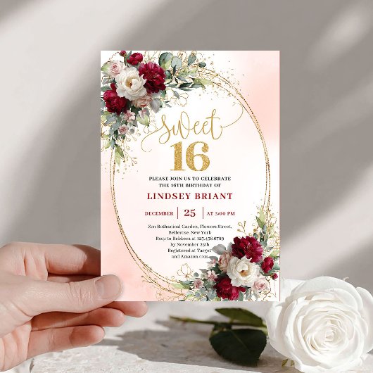 Chic Boho Burgundy Blush Gold Floral Sweet Sixteen 招待状