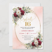 Chic Boho Burgundy Blush Gold Floral Sweet Sixteen 招待状 (正面)