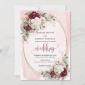 Chic Boho Burgundy Blush Roses Wedding Invitation  招待状 (正面)