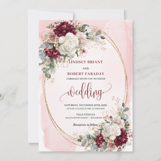 Chic Boho Burgundy Blush Roses Wedding Invitation  招待状 (正面)