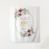 Chic Boho Burgundy Gold Eucalyptus 60th Backdrop タペストリー (正面)