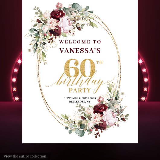 Chic Boho Burgundy Gold Eucalyptus 60th Backdrop タペストリー