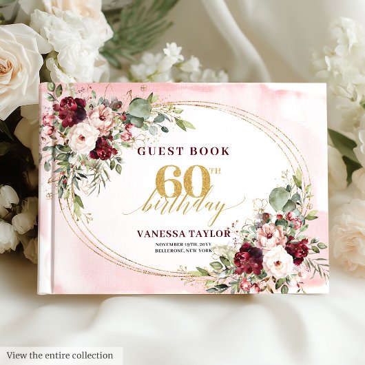 Chic Boho Burgundy Gold Frame Floral 60th Birthday ゲストブック