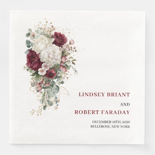 Chic Boho Burgundy Gold Rose Wedding Paper Napkins (正面)