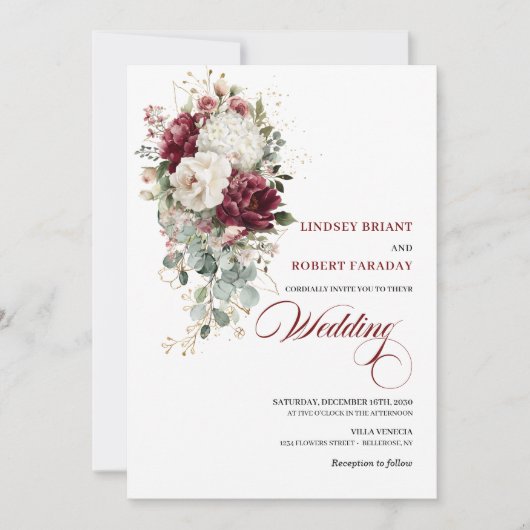 Chic Boho Burgundy White Floral Wedding Invitation 招待状 (正面)