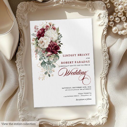 Chic Boho Burgundy White Floral Wedding Invitation 招待状