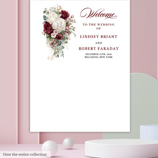 Chic Boho Burgundy White Wedding Backdrop Poster タペストリー