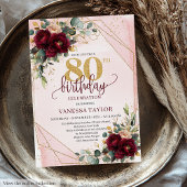 Chic Boho Deep Red Gold Flowers 80th Birthday 招待状
