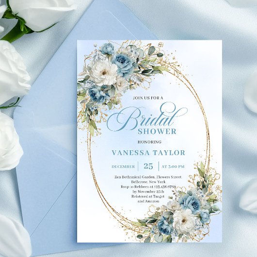 Chic Boho Dusty Blue Greenery Floral Bridal Shower 招待状