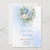 Chic Boho Dusty Blue Peony Floral Gold Wedding 招待状 (正面)