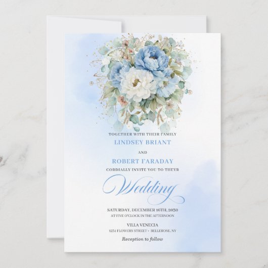 Chic Boho Dusty Blue Peony Gold Wedding Invitation 招待状 (正面)
