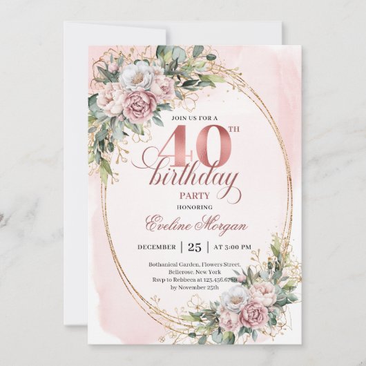Chic Boho Dusty Pink Floral 40th Birthday Invite 招待状 (正面)